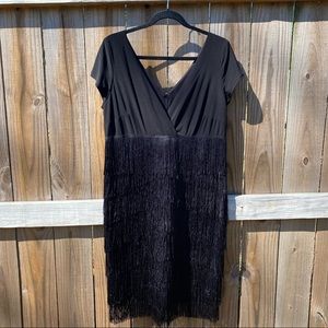 NWT Marina Black Shimmy Fringe Cocktail Evening V-Neck Dress